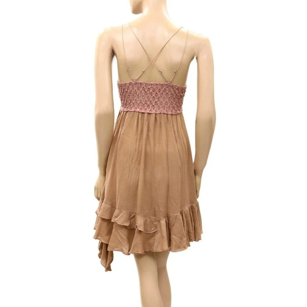 Free People FP One Adella Slip Mini Dress Crochet Lace Smocked Ruffle XXS 290357